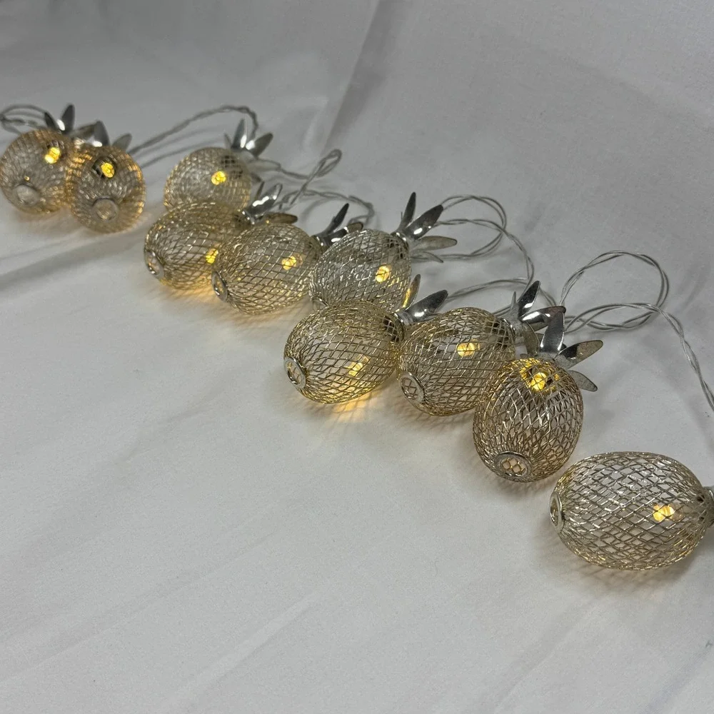 Gold Metal Mesh Pineapple String Lights Battery Operated LED Fairy Lights 10ct